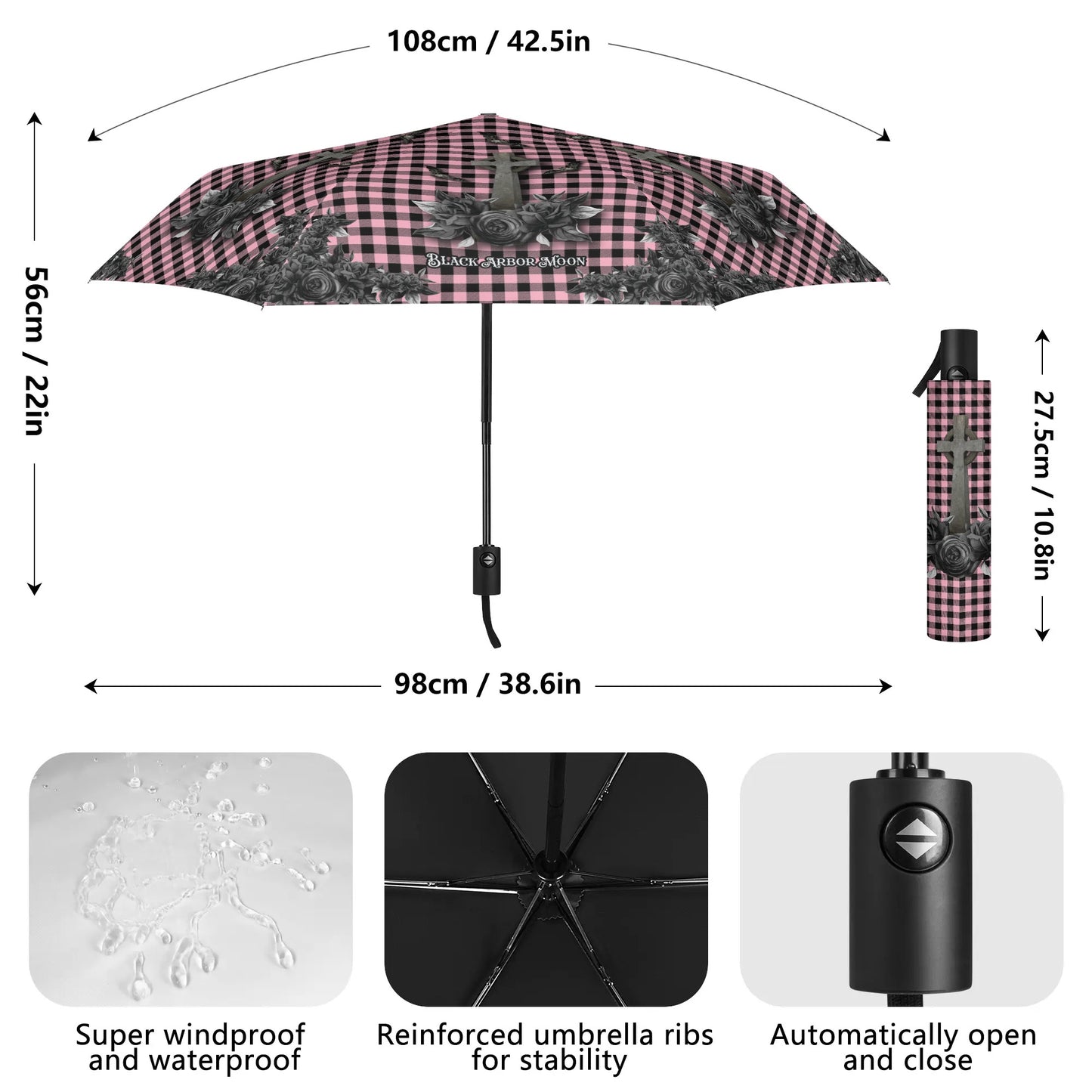 Cemetery Picnic Auto Open & Close Umbrella in Ghoulish Pink