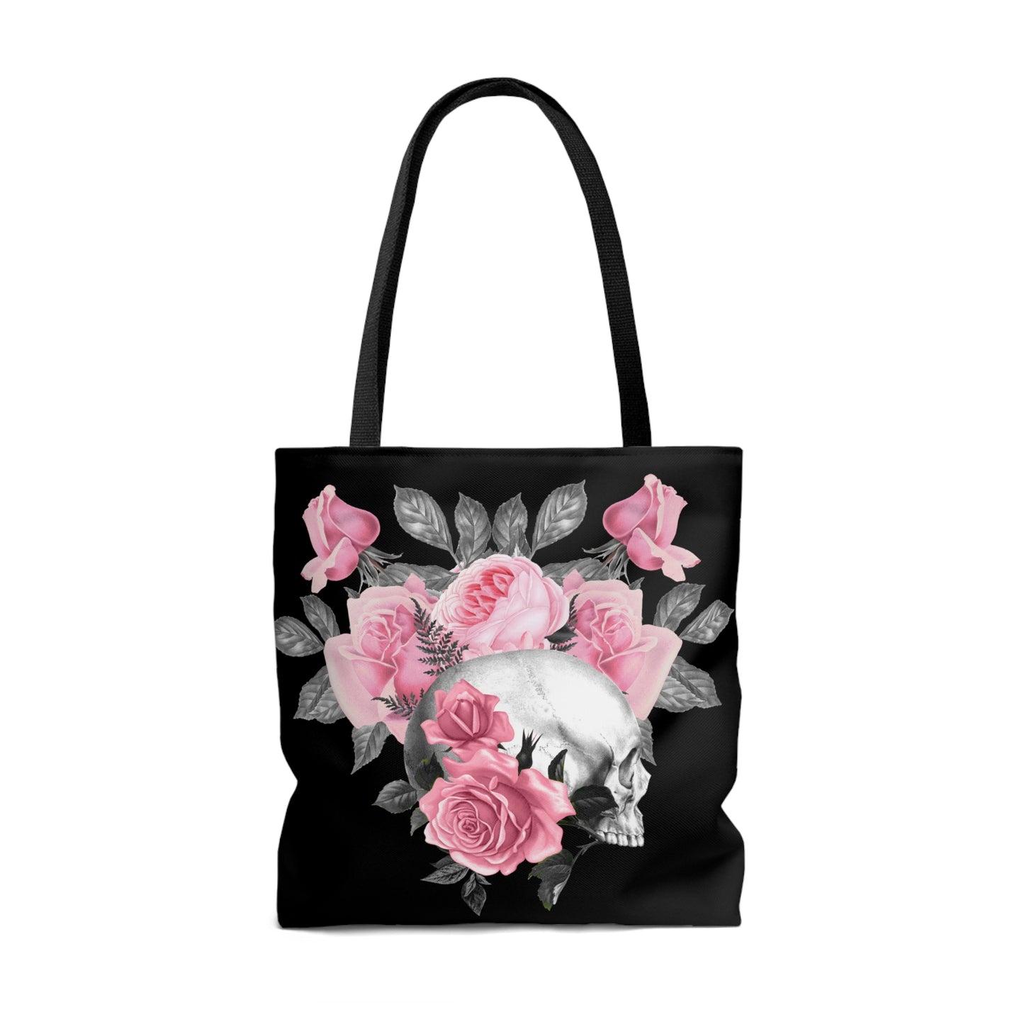 Pink Rose Macabre Tote Bag in Black