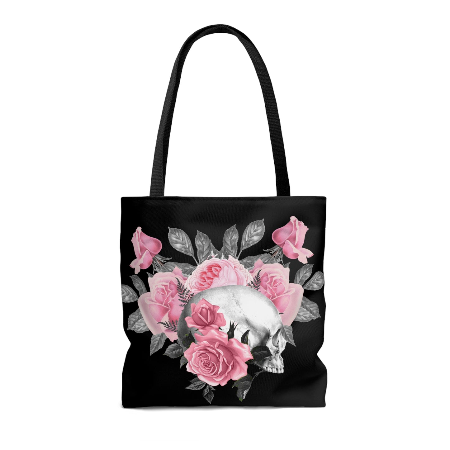Pink Rose Macabre Tote Bag in Black