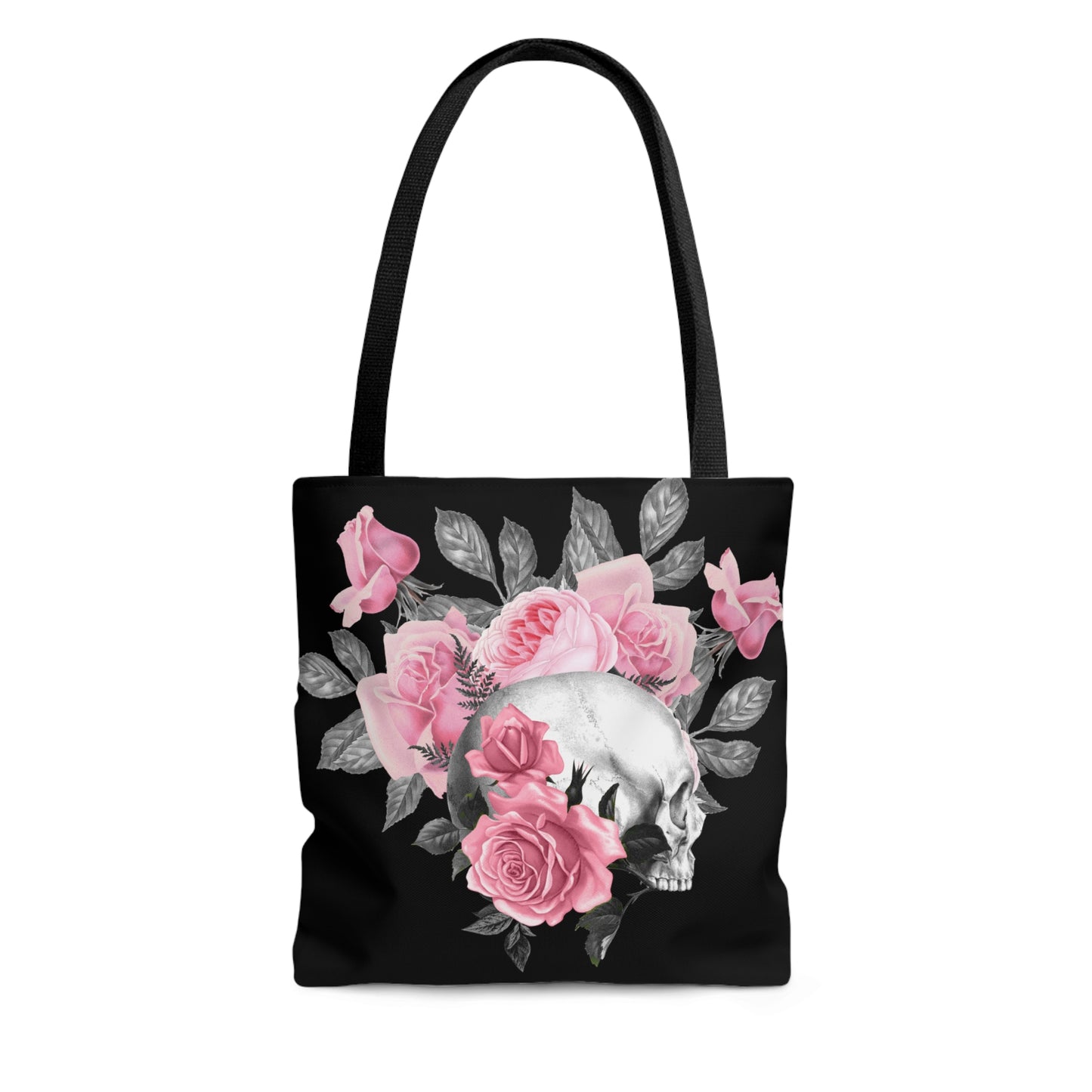 Pink Rose Macabre Tote Bag in Black