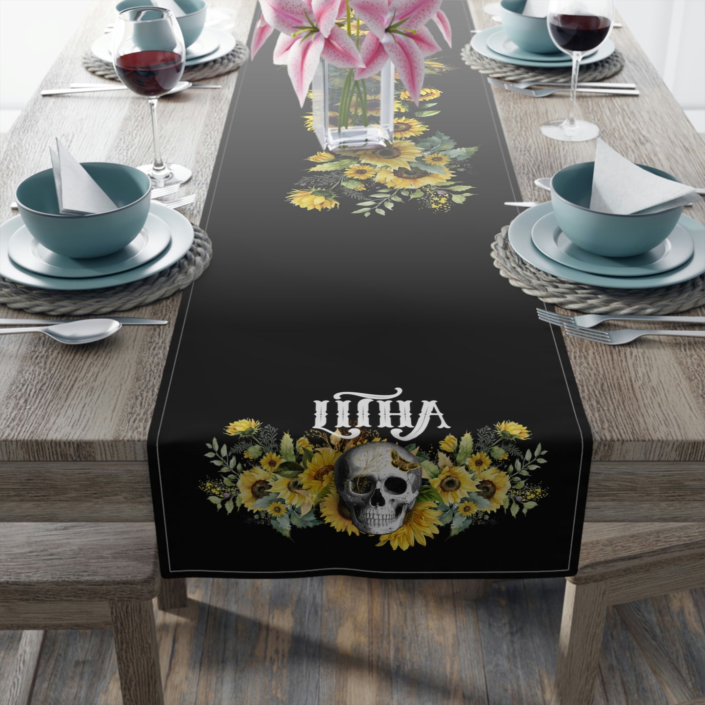 Gothic Litha Midsummer Sabbat Table Runner in Black (Cotton, Poly)