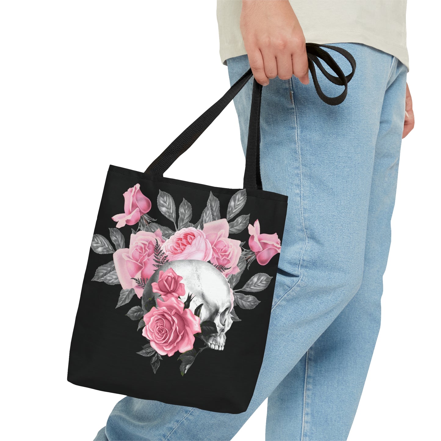Pink Rose Macabre Tote Bag in Black