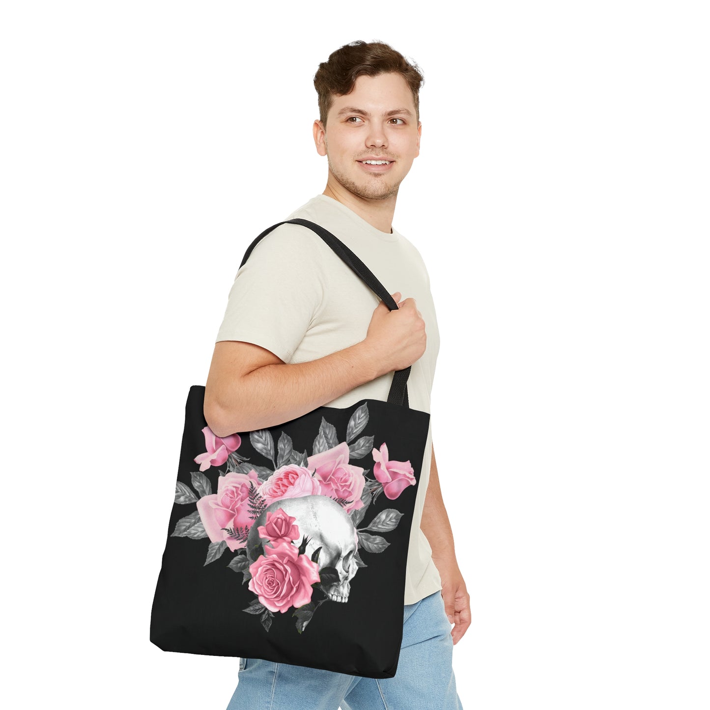 Pink Rose Macabre Tote Bag in Black