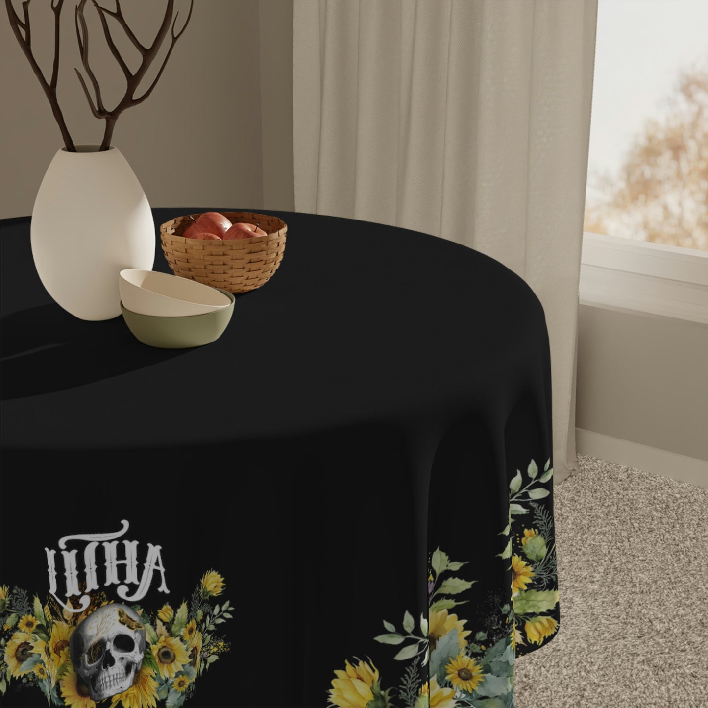 Gothic Litha Midsummer Sabbat Tablecloth in Black
