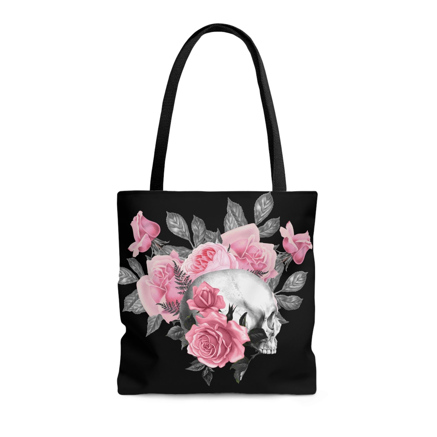 Pink Rose Macabre Tote Bag in Black