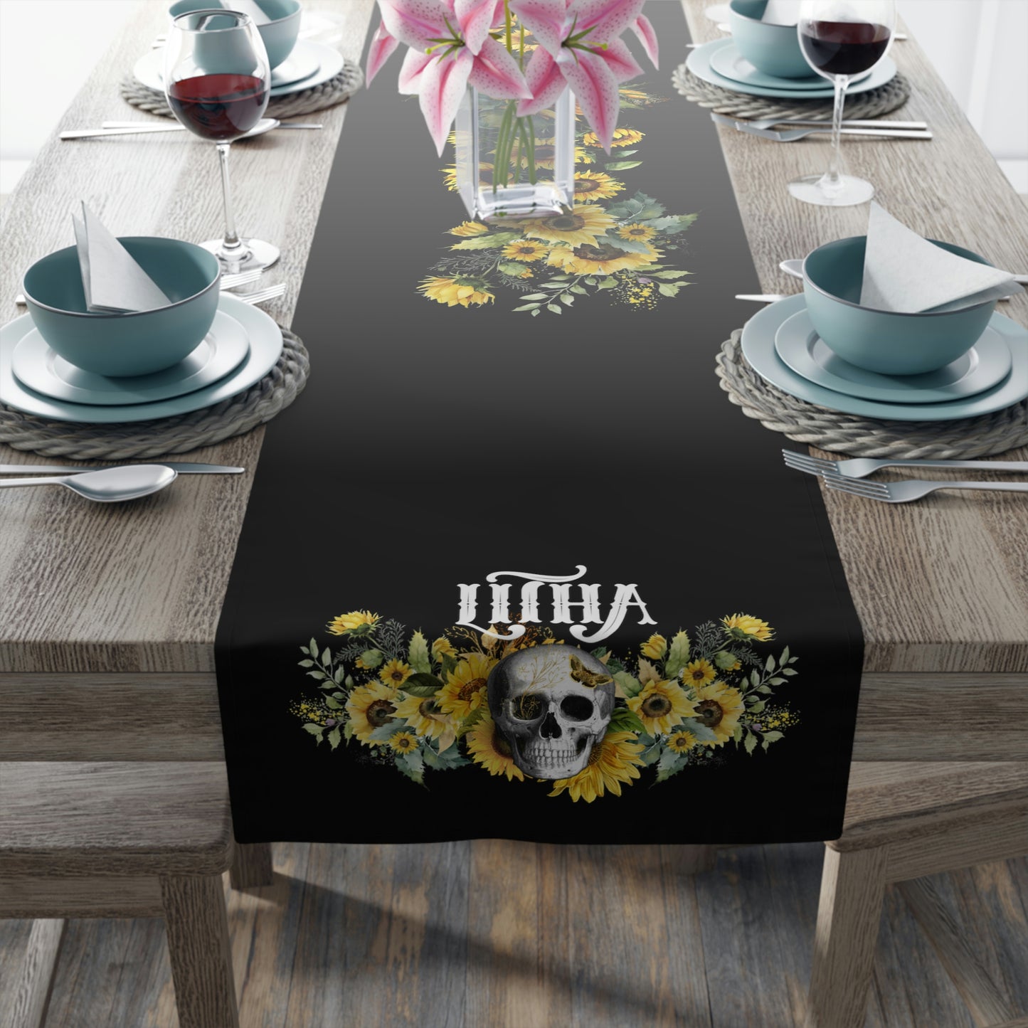 Gothic Litha Midsummer Sabbat Table Runner in Black (Cotton, Poly)