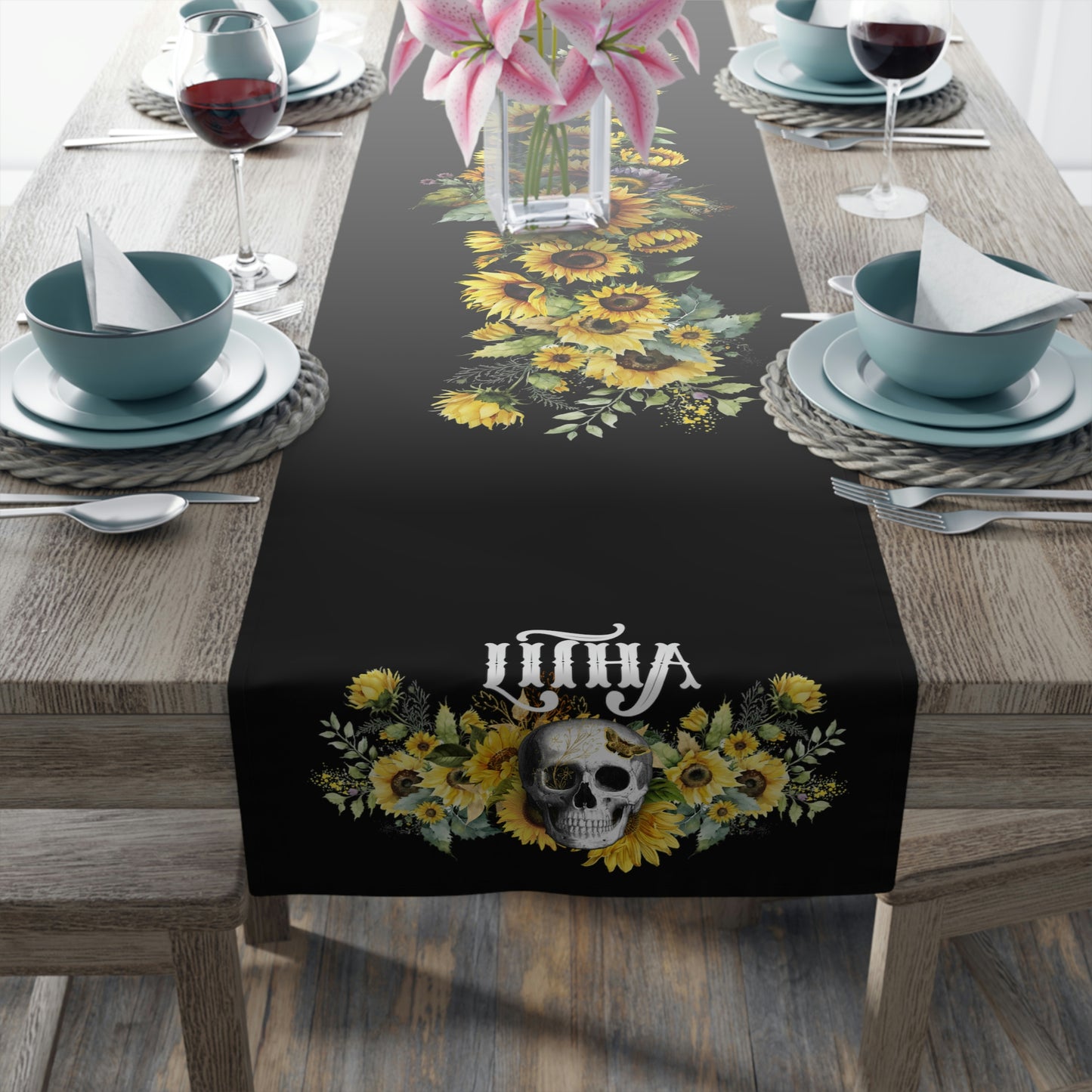 Gothic Litha Midsummer Sabbat Table Runner in Black (Cotton, Poly)