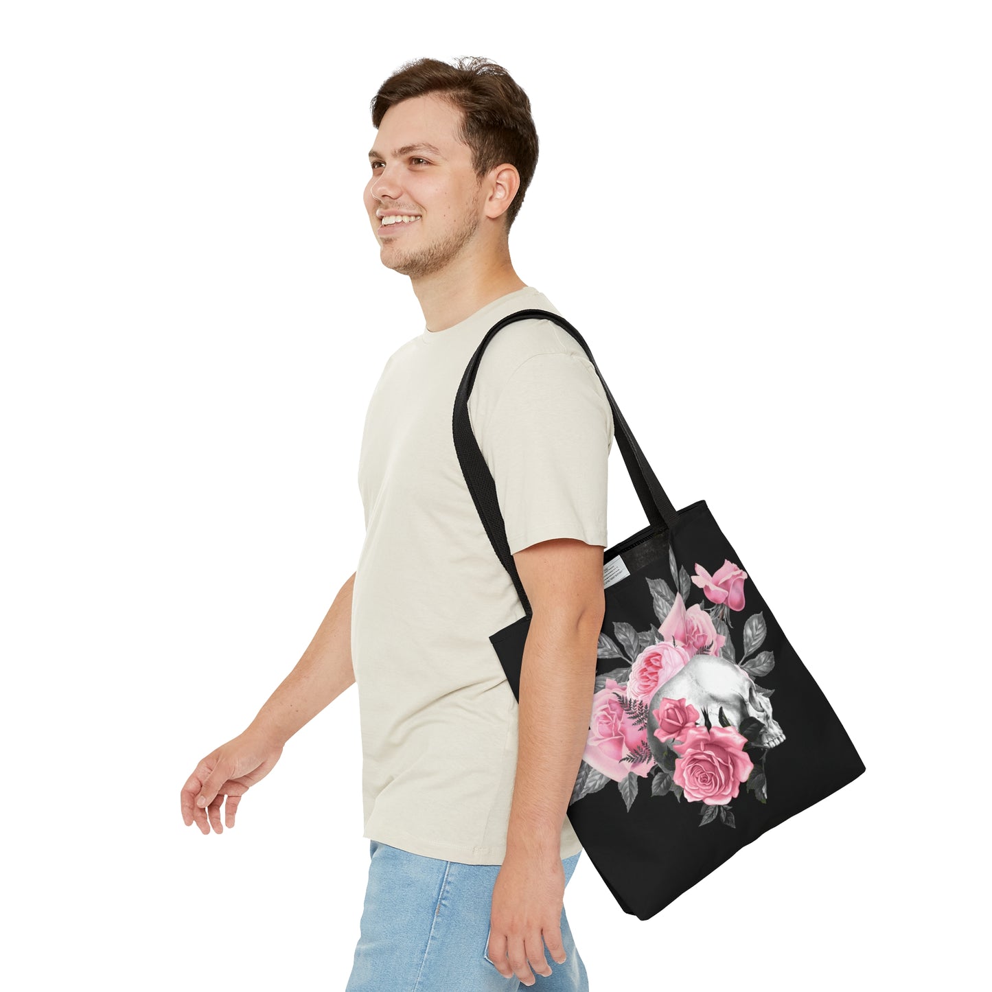 Pink Rose Macabre Tote Bag in Black