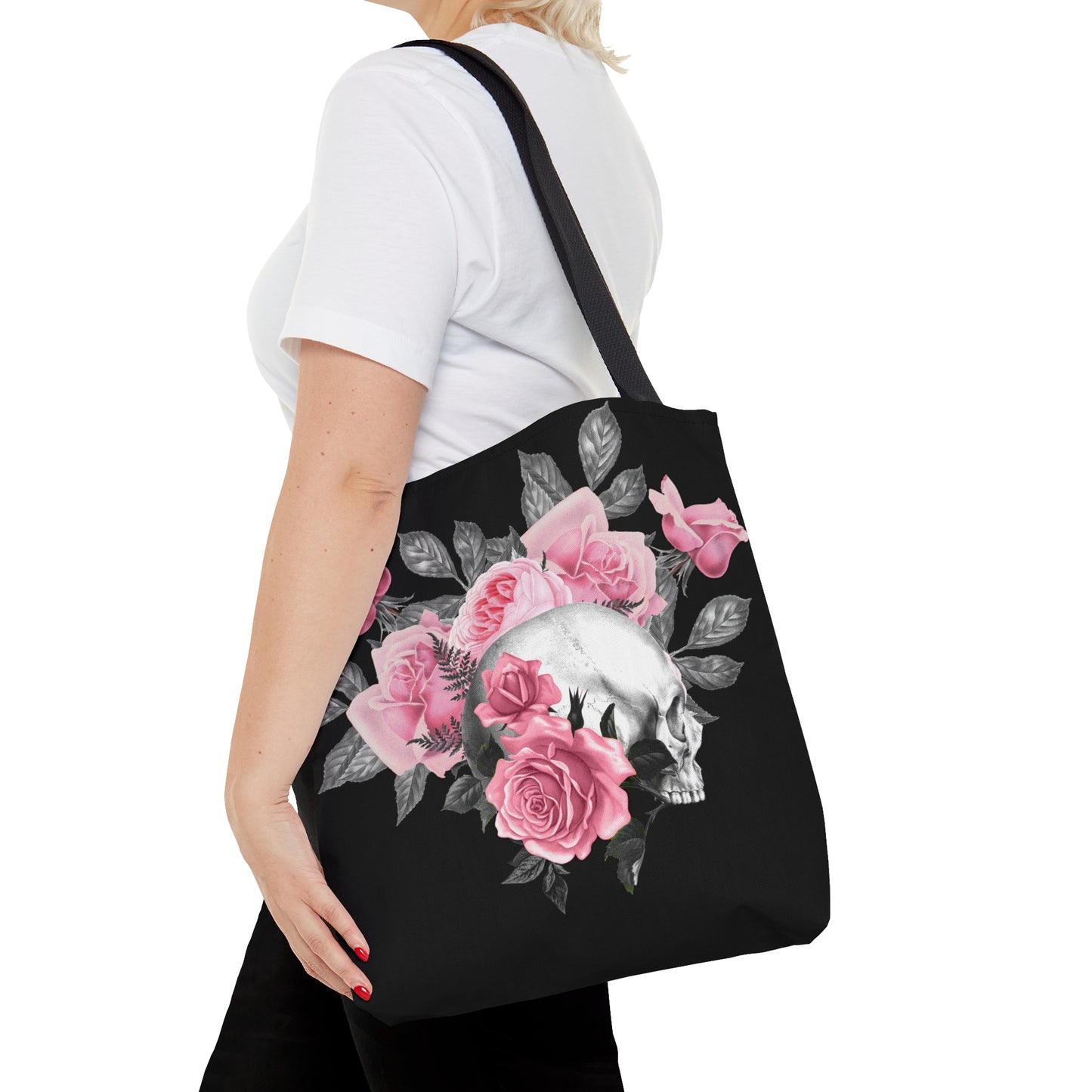 Pink Rose Macabre Tote Bag in Black