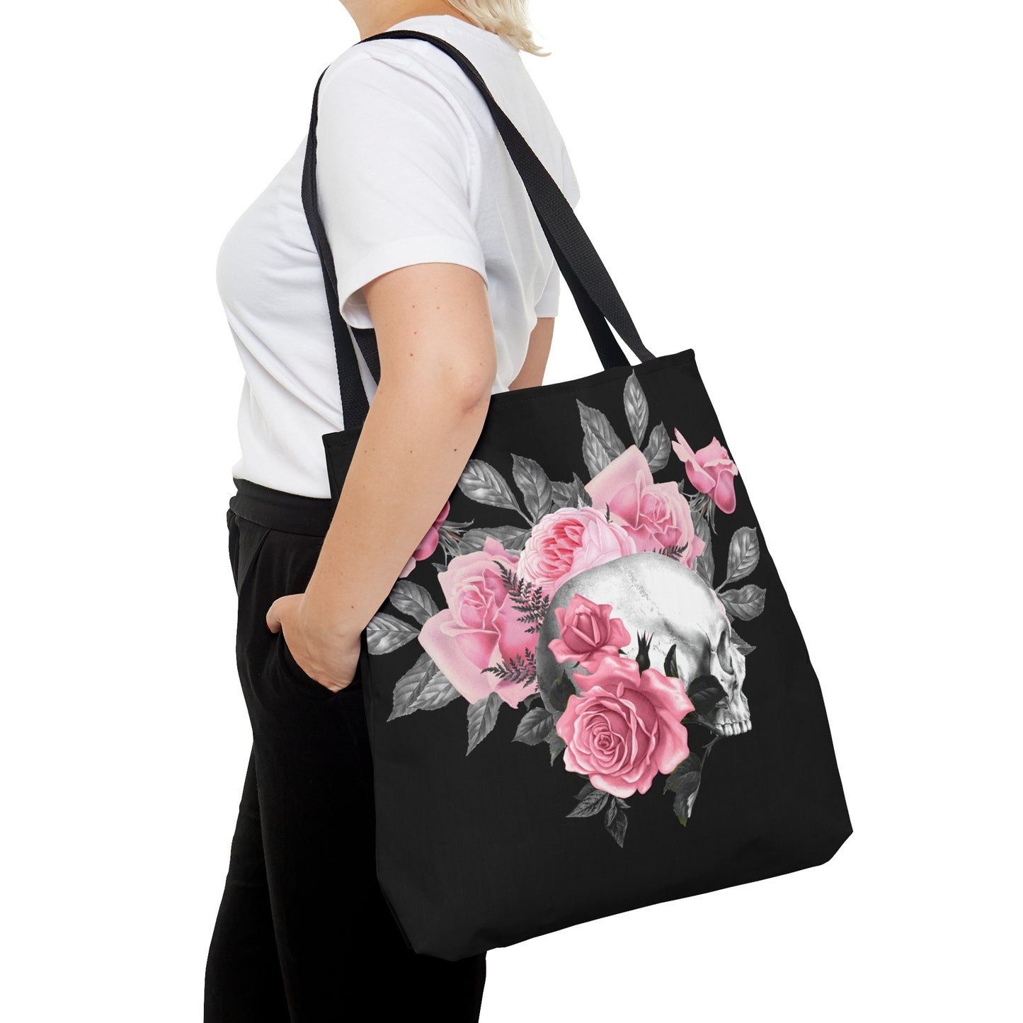 Pink Rose Macabre Tote Bag in Black