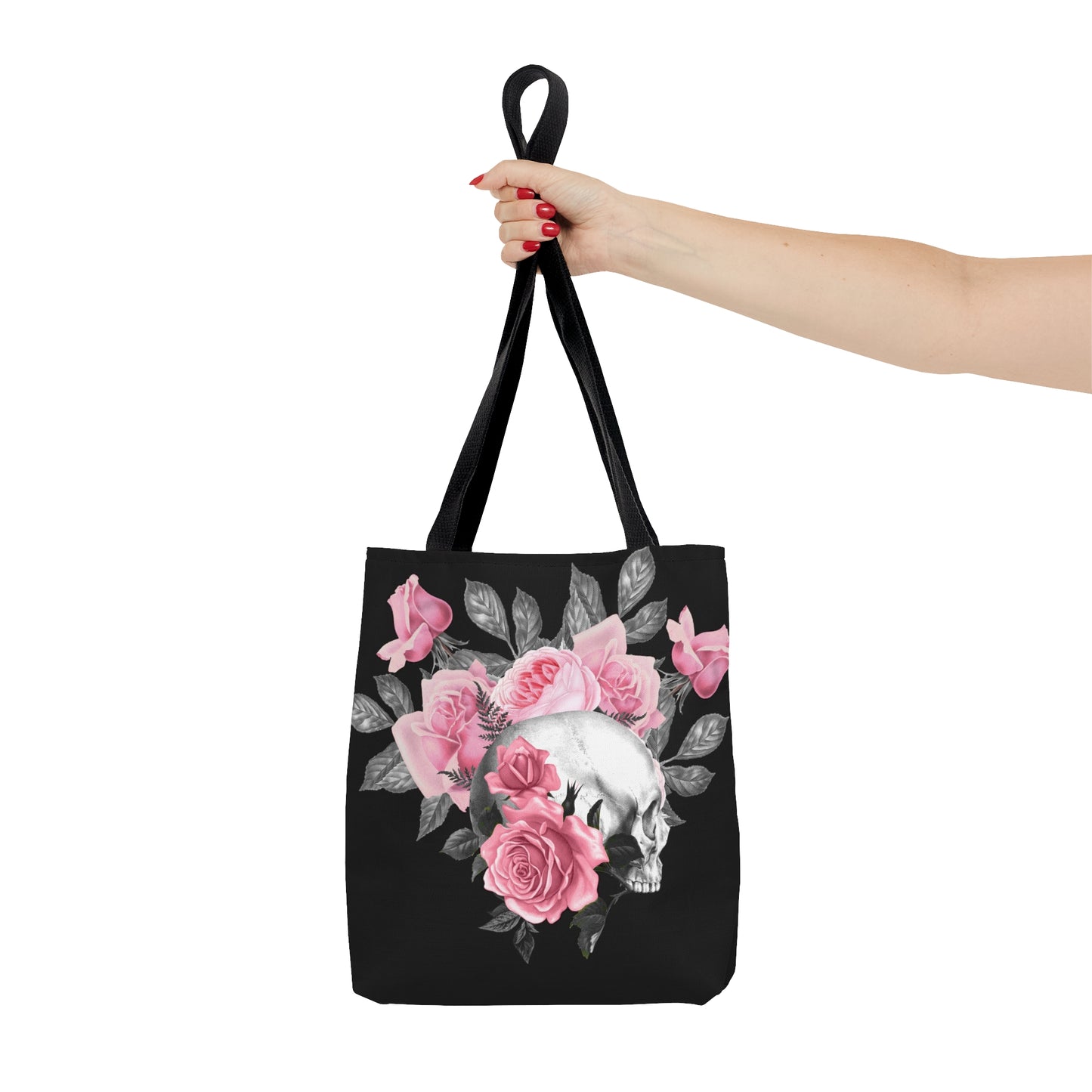 Pink Rose Macabre Tote Bag in Black