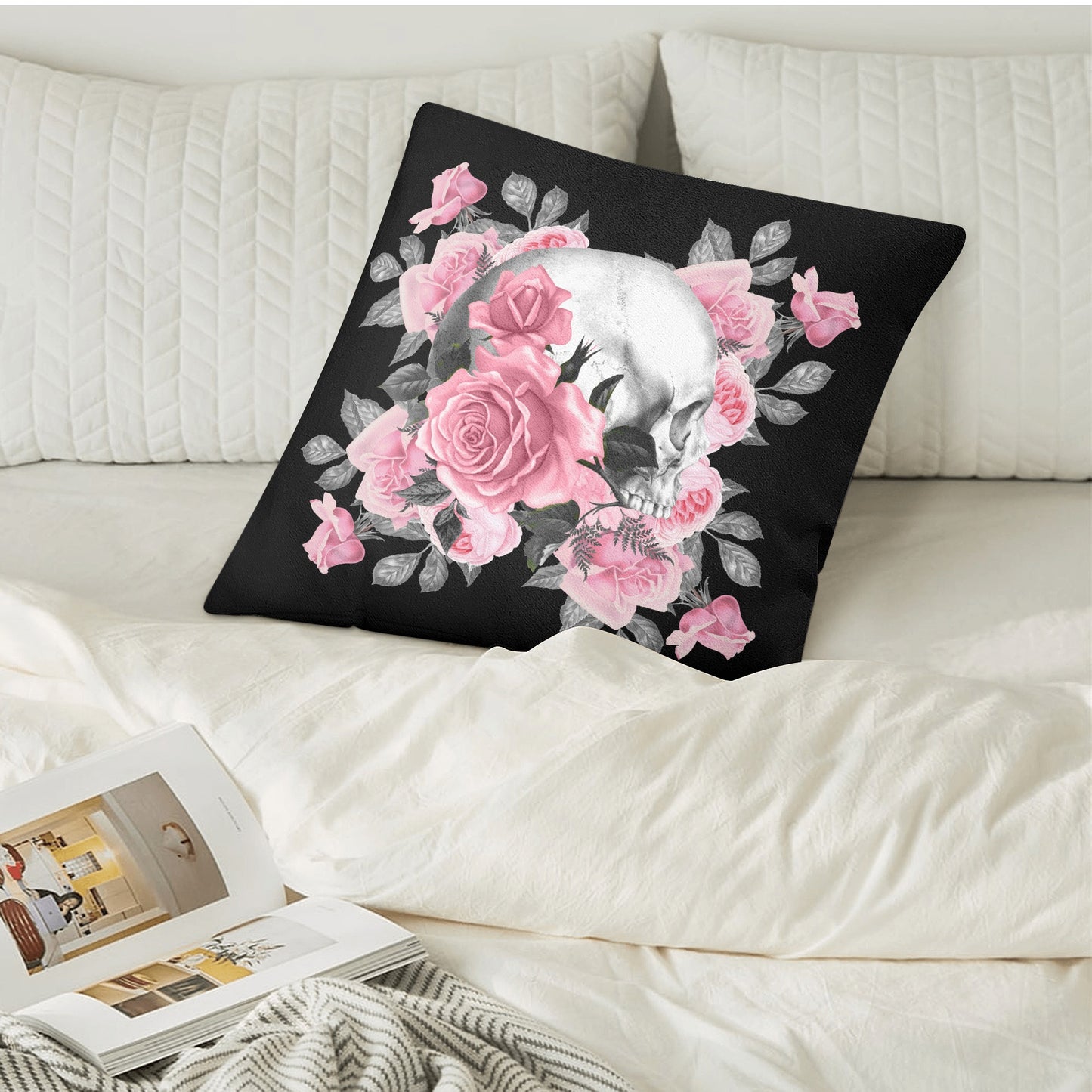 Pink Rose Macabre Left Facing Double Sided Pillow Cover