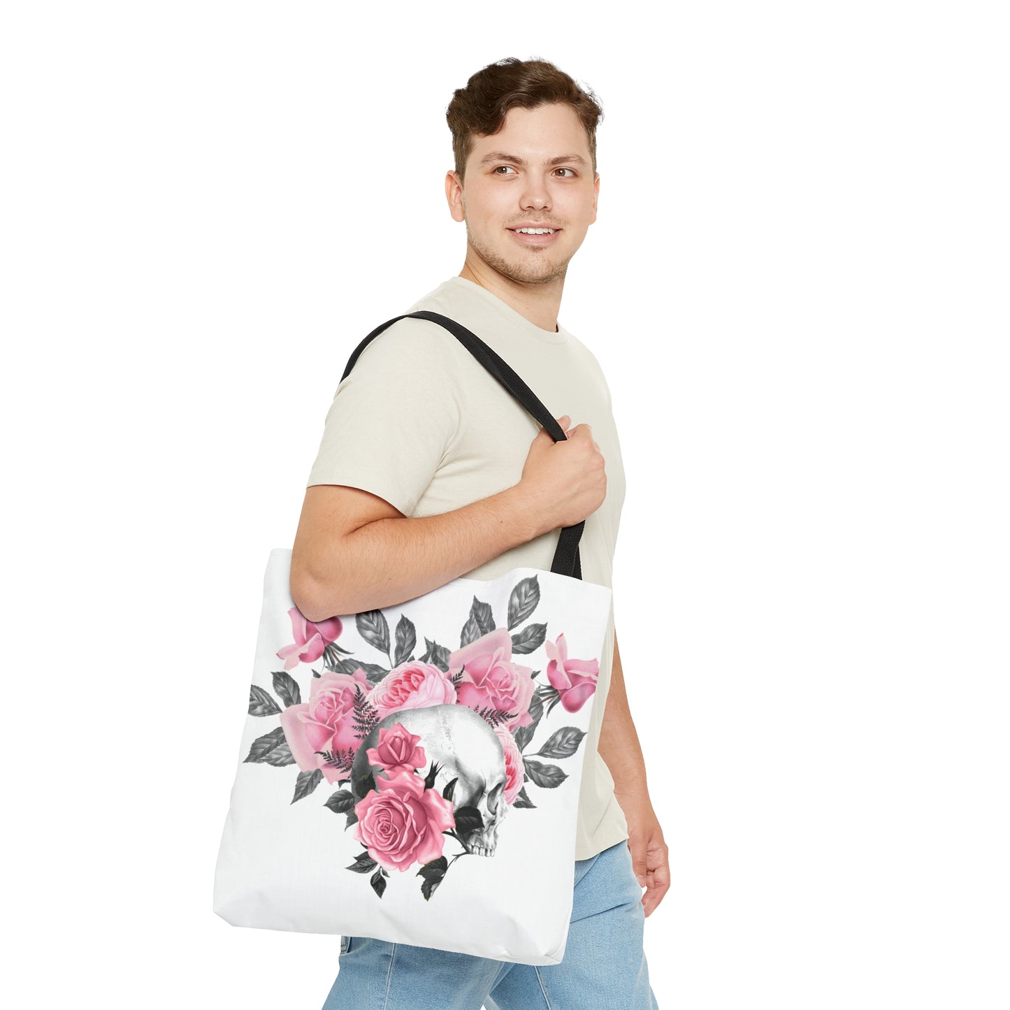 Pink Rose Macabre Tote Bag in White