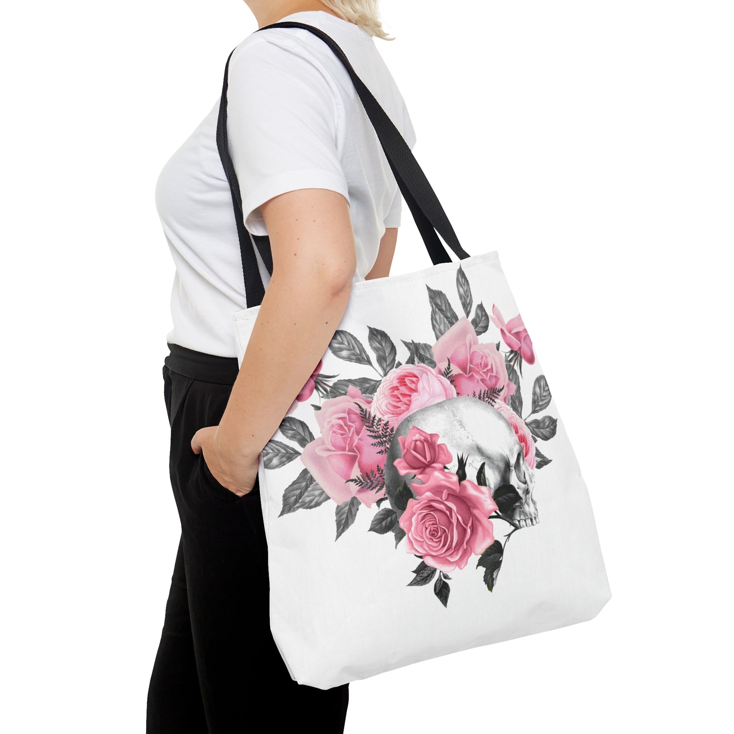 Pink Rose Macabre Tote Bag in White