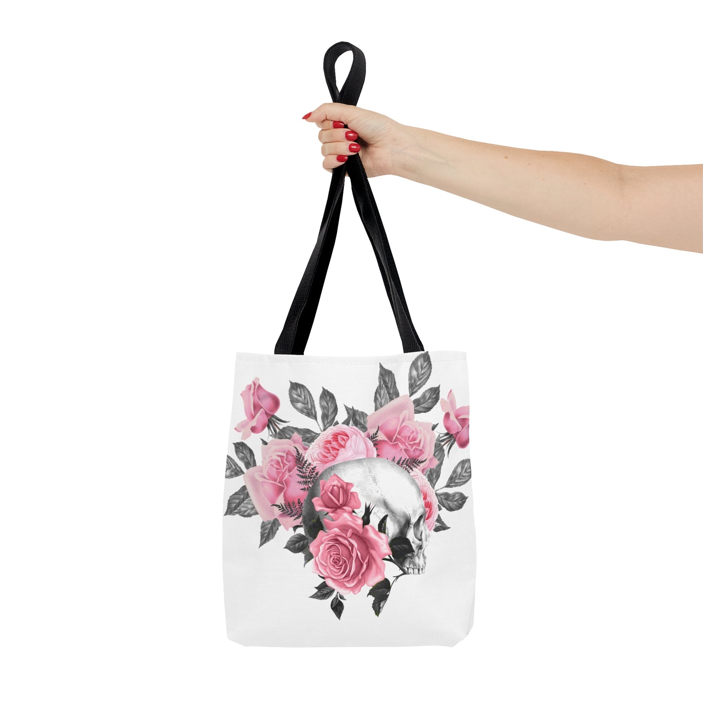 Pink Rose Macabre Tote Bag in White